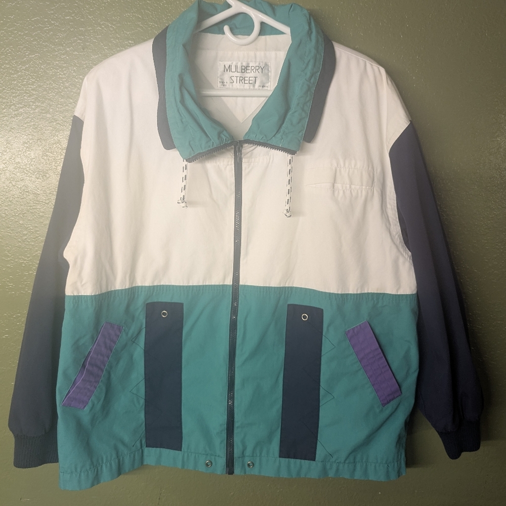 Mulberry Street Vintage Colorblock Windbreaker - Teal, White, Purple